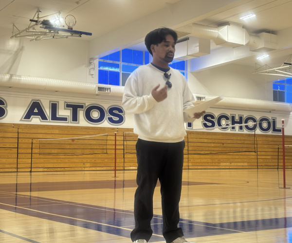 New wrestling Head Coach Tyler Caledron introduces himself to students at the meet and greet on Tuesday, October 8. 